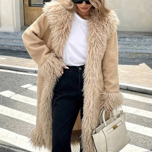 Women Solid Color Khaki Patchwork Fuzzy Drop Shoulder Long Sleeve Long Jacket, - Picture 1 of 7